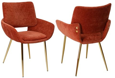 ELUCHANG Lot de 2 Chaises de Salle à Manger, Chaises de Cuisine, Terra Cotta Chenille, Rembourrée, avec Accoudoirs, Pieds en métal doré, pour Salon, Bureau, Coiffeuse, Jusqu’à 150 kg