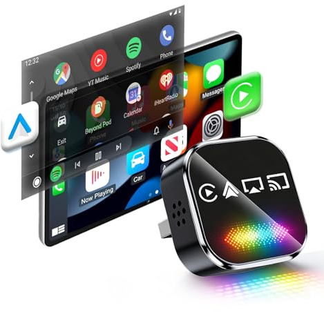 auvstar Wireless CarPlay Android Auto Adapter, Kabellos, 2026 Optimierter mit RGB LED, Mirror Link, Dual-Band WiFi, USB/Type-C, iOS 11+, Android 12+, ab 2016 Fahrzeuge