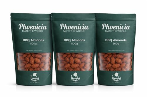 Phoenicia BBQ Almonds 500g | Single, 3 Pack & 5 Pack Bundle Options | Smoky Roasted Almond Nuts Snack | Crunchy Savoury Protein-Rich Snack | Ideal for Sharing, Gifting, Parties (Pack of 3)