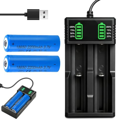 XPJBKC Caricabatterie 18650 con 2 batterie da 3,7 V, 2200 mAh, con punta temperamatite ricaricabile, con 2 slot USB, batteria agli ioni di litio 18650, per torcia, piccola ventola e torcia frontale