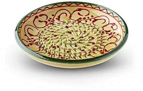 Garlic Grater Plate. (#Ref 11). Handmade and Hand Painted in Cordoba, Spain. Cream Plate with Greem Rim and Red Scroll Pattern.