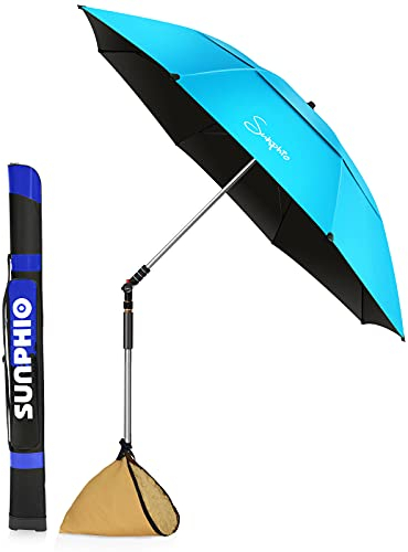 Sunphio Parasol Plage Anti UV Protection 50, Anti Vent, Solide, Inclinable, Compact, 180 cm, Petit Grand Parasol Rond de Plage, Résistant au Vent, Léger et Portable pour Voyage avec Sac Sable