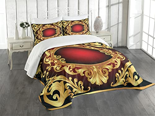 ABAKUHAUS Gelbes Damast Tagesdecke Set, Rahmen Barock, Set mit Kissenbezügen Waschbar, für Einzelbetten 170 x 220 cm, Gelb