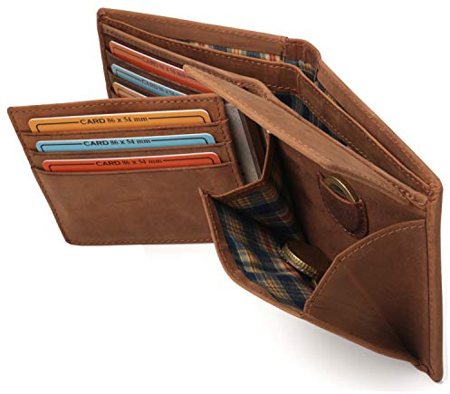 Fa.Volmer ® Leder Geldbörse Herren mit RFID-Schutz - 2 Außenfächer für Zugangskarten - Platz für max. 11 Karten - großes Münzfach | VO22 (Braun)