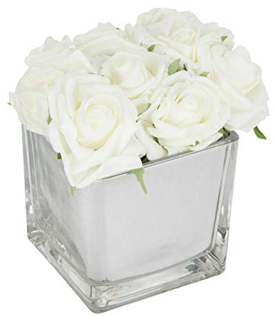 White Roses in Mirror Cube Artificial Plant Flower Ornament Artificial Flowers Hotel Wedding Home Decorative Flower Home Decor Gift