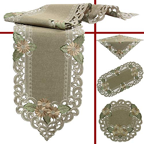 Quinnyshop Mitteldecke klein Leinen-Optik Blumen Stickerei ca. 60 cm Rund Polyester, Grün-Beige