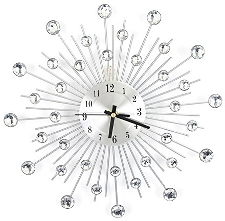 lyrlody 3D DIY Wanduhr, Non Ticking Uhren Handgefertigte Diamant Perlen Kristall Jeweled Sunburst Wanduhr Dekorative Runde Stille Metall Wanduhr für Wohnzimmer Schlafzimmer Silber, 30 × 30 cm