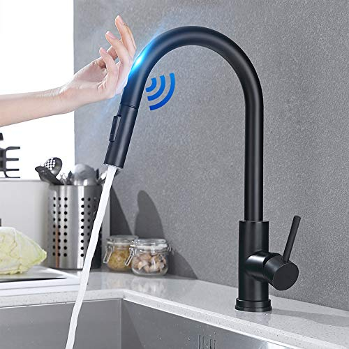 Rozin Grifo de cocina negro con sensor giratorio 360°, ducha extensible con 2 tipos de chorro, acero inoxidable, inducción, control táctil