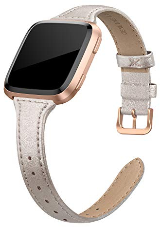EDIMENS Echtleder-Armband, kompatibel mit Fitbit Versa 2/Fitbit Versa Lite & SE/Fitbit Versa, dünnes Ersatz-Lederband für Damen und Herren, Champagner, 5.5 - 7.9