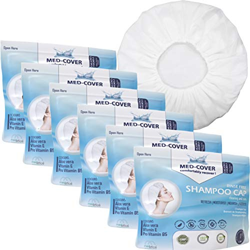 MED-COVER Rinse Free Shampoo Cap - Waterless Easy Hair Wash - Allergen Free - Neutral Hair pH - Enriched Formulation with Vitamin E, ProVitamin b5 and Aloe-Vera (Pack of 6)
