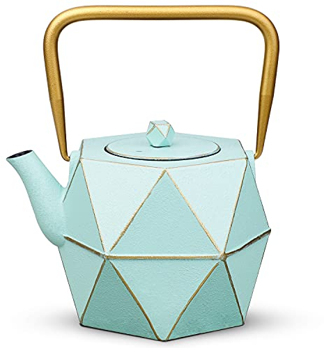 Toptier Japanese Cast Iron Teapot / Tea Kettle, Diamond Design, Enameled Interior, Stainless Steel Infuser, 30 oz (900 ml), Aqua