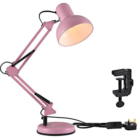TEKLED® LED Desk Lamp | Adjustable Swing Arm | Replaceable E27 Edison Screw Bulb Holder | Flexible Table Clamp | for Bedside Reading Office Work Architects Students (Swing Arm Pink)