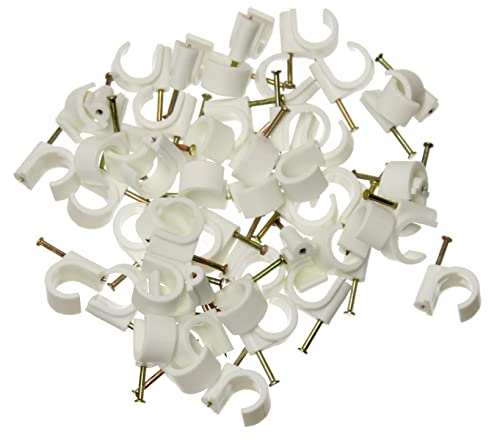 15 to 18mm Round Cable Clips White - 50 Pack, Strong Nail Clips With Zinc Plated Hardened Steel Nail