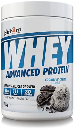 Per4m Whey Protein, Molkenprotein mit vollem Aminosäureprofil, unterstützt Muskelaufbau & Regeneration, reich an essentiellen Aminosäuren, für Sportler nach dem Training – Cookies & Cream – 900g