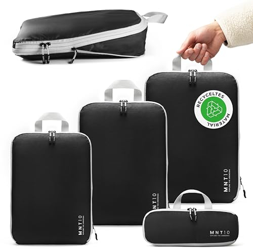 MNT10 Packtaschen recycelt mit Kompression S, M, L, XL I Packwürfel mit Schlaufe als Koffer-Organizer I leichte Kompressionsbeutel für den Rucksack I Kleidertaschen als Gepäck Organizer