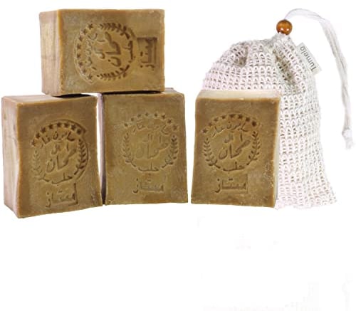 TUMELO Original Aleppo Seife 4 x 200g (800g) 90% Olivenöl 10% Lorbeeröl + Sisal Seifensäckchen, handgemachte Olivenölseife Naturseife