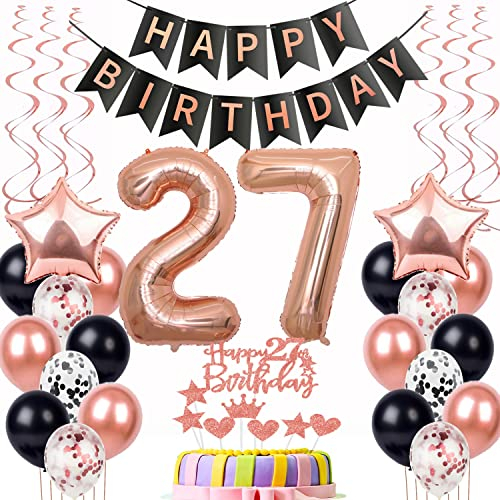 Luftballon 27. Geburtstag Dekoration Rose Gold Schwarz Geburtstagsdeko 27 Jahre Tortendeko Geburtstag 27 Frau,Happy Birthday 27 Frauen