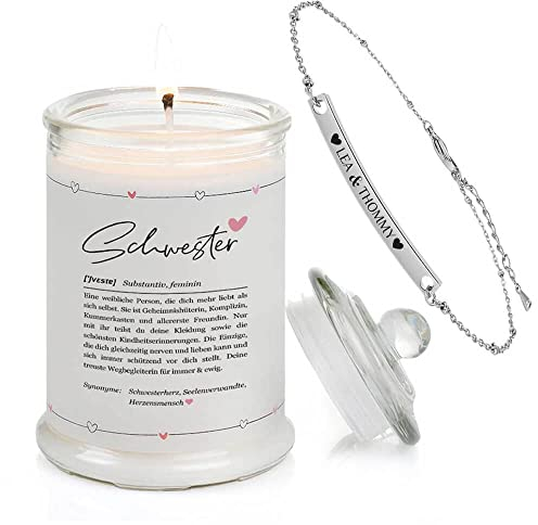 Himmelsflüsterer - Schmuckkerze Nr.1 Definition als Schwester Geschenk - Groß | inkl Armband mit Gravur | Duft: Vanille | 100% Sojawachs | 100h lange Brenndauer | 400g Wachs | Handgemacht