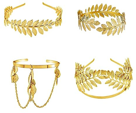 Alnicov 4 Stück griechische Göttin-Zubehör, Blattgold-Krone, goldenes Blatt-Armband, römisches Lorbeer-Armband, Blatt-Stirnband