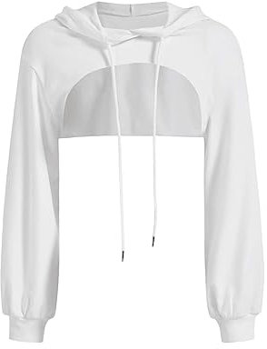 GORGLITTER Damen Crop Hoodie Pullover Sehr Kurz Sweatshirts Langarm Pulli Rundkragen Cut Outs Shirts mit Kapuze Weiß XS
