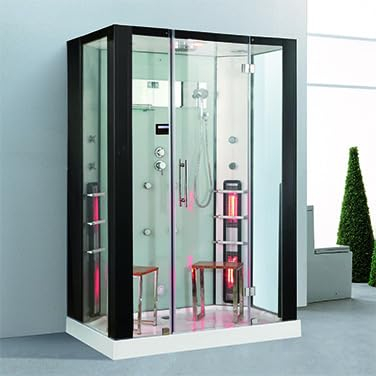 PureHaven - Doccia a vapore e sauna a infrarossi, 145 x 90 cm, con telaio in alluminio, accessori completi, doccetta tropicale, seduta radio, funzione massaggiante, colore: Nero/Bianco