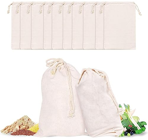 qufzdopv Lot de 10 sachets en coton avec cordon de serrage - 20 x 30 cm - Sacs à pain en toile de jute - Sacs à pain pour fruits et légumes - Sacs en coton pour anniversaire d'enfant - Sac à bricoler