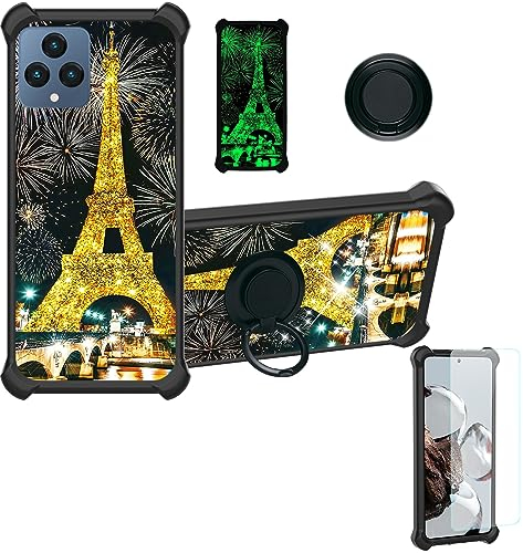 Handyhülle für Telekom T-Mobile T Phone Gehäuse Kompatibel mit Telekom T Phone Telefonhülle Cover [mit gehärtetem Glas Bildschirmschutz][Ring Support][Gold Glitter+Luminous] JSH-TT