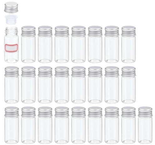 PATIKIL 10ml Clear Glass Vials, 25 Pack Small Liquid Sample Vial with Screw Caps Plastic Stoppers and 64 Labels Leak-Proof Bottles Empty Jars