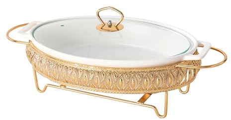 UGCER Ovales Keramik-Chafing-Dish-Set, Buffet-Speisewärmer, Pfanne, Hot Pot mit Deckel, Lebensmittelpfanne und Brennstoffhalter für Hochzeiten, Catering, Partys,35cm