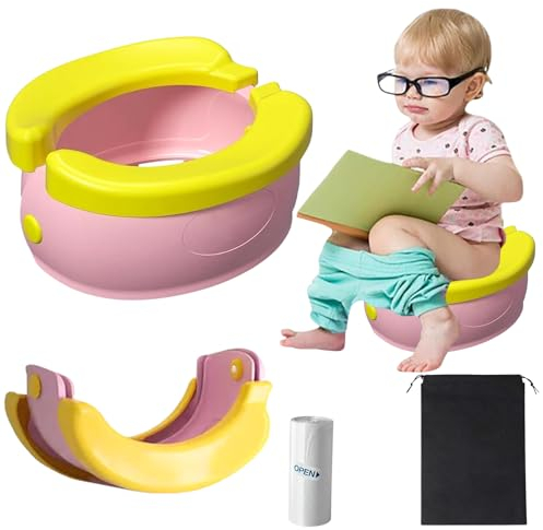 RIVERMUM® - Pot enfant Toilettes,Pot Pliable Enfant Voyage,Petit Pot Bébé,Toilette Pliable, Apprentissage Amusant Banane, Siège Toilette Pliable Enfants,avec 20 sacs et Tableau Propreté Enfant (ROSE)