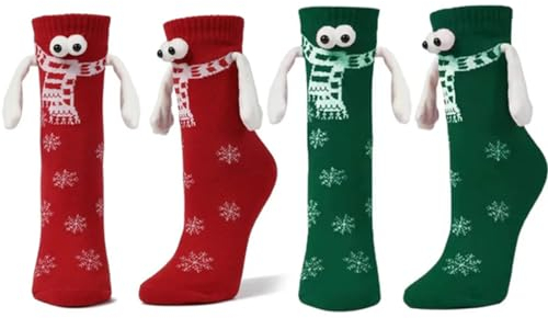 2 Paar Christmas Hand In Hand Christmas Socks,Magnetische Weihnachten Socken,Weihnachtssocken mit Magnetarmen,Lustige Magnetische Socken für Paare,Socken die Händchen Halten,Freundschaftssocken (A)