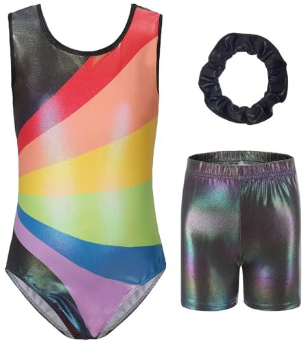 FEOYA Turnanzug für Mädchen mit Hose Ärmellos/Langarm Gymnastikanzug mit Haarband Set Kinder Gymnastik Trikot Shorts Gymnastik Tanzen Kleidung 120-130