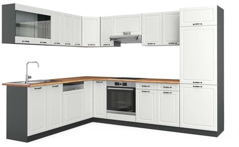 Vicco Eckküche R-Line, Küchenzeile in L-Form, Weiß Landhaus/Anthrazit, 227 x 287 cm, AP Eiche