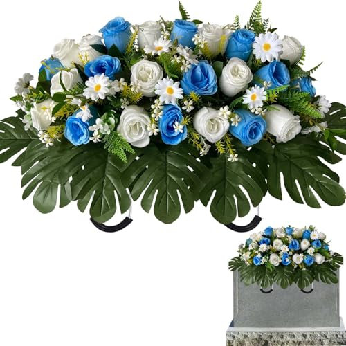 Iarxoxt Künstliche Friedhofsblumen, gemischte künstliche Rosen und Gänseblümchen, Sattelblumen für Grabstein