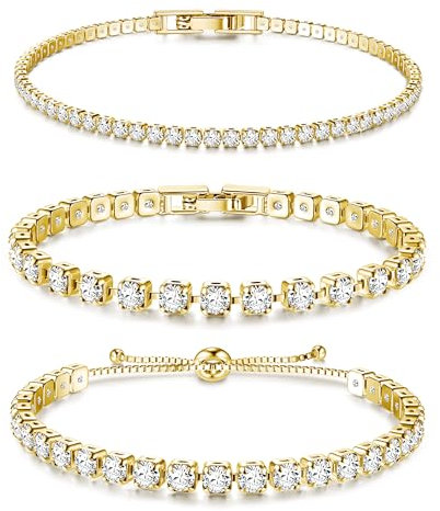 Dochais 3 Stück Tennis Armband Damen Gold Zirkonia Armbänder Diamant Armband Damen Armbänder Glitzer Tennisarmbänder Strass Kristalle Set für Frauen Mädchen Ehefrau Mutter Schmuck Geschenk A