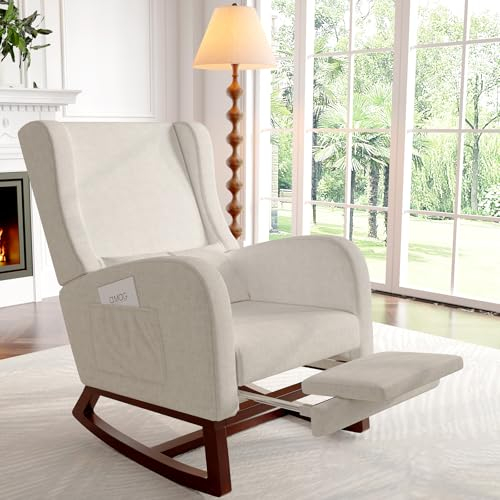 Schaukelstuhl Stillsessel Relaxsessel mit Holzsockel Fußstütze Verdicken Schaukelsessel,Leinen,2 Seitentaschen,1 Lendenkissen,Beige (Leinen, Beige)