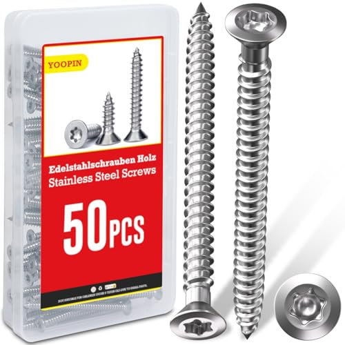 50 Stück Schrauben Torx Edelstahlschrauben 5x50, Holzschrauben Torx, A2 V2A Edelstahlschrauben Holz, Blechschrauben, Holzschrauben Edelstahl Senkkopf, Spanplattenschrauben für Aufdachkonstruktionen