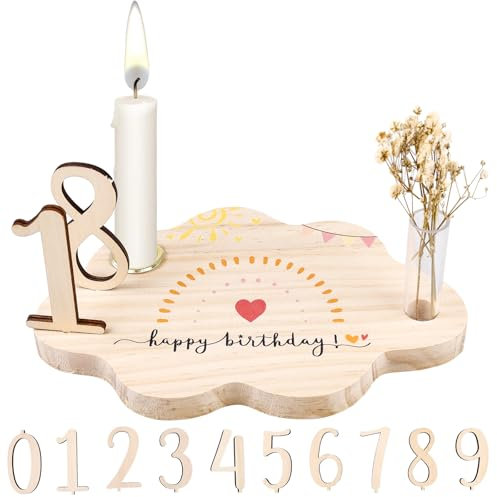 Personalisierter Holz Geburtstagsteller, Geburtstagsteller aus Holz mit Kerzenhalter Vase Jahreszahlen 0-9, Gästebuch Geburtstag Geburtstagsdeko Geburtstagsgeschenk für Jungen Mädchen Erwachsene