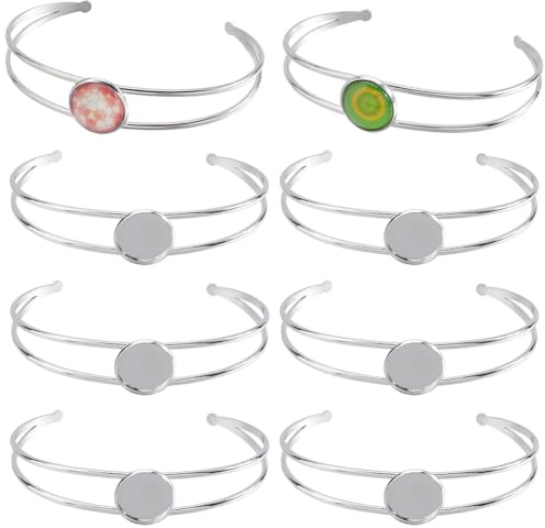SUNNYCLUE 8 Stück Verstellbare Cabochon Armreif Blanko Silberfarbenes Metall 304 Edelstahl Runde Cabochons Lünette Blanker Tablett Basis Armreif Für Armband Schmu