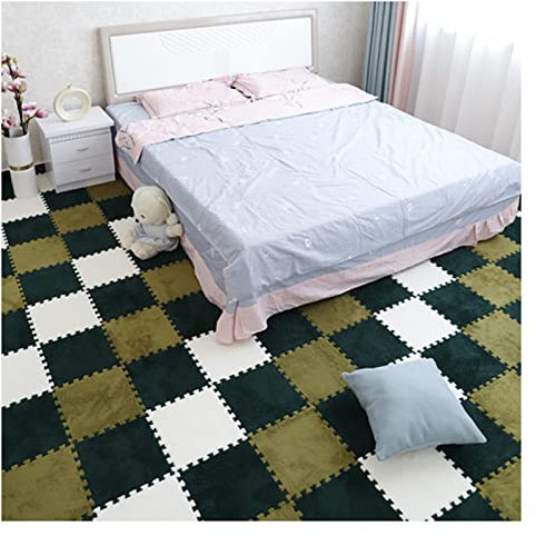Fluffy Carpet Tiles Plush Area Rug 12x12 Interlocking Puzzle Floor Mat with Border 30 PCS Soft Crawling Playmat for Bedroom Dark Green White EVA Foam Mats