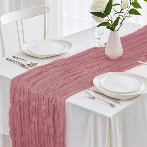 Gelewuld Tischläufer Salbeigrün, 90 x 400 cm, Käsetuch, Rustikaler Gaze Stoff, Boho, Cheesecloth, Hochzeit, Tischdecke, für Hochzeitsfeier, Brautparty, Tischdekoration (Rosa)