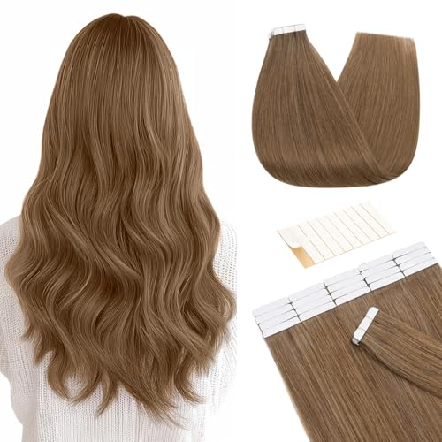 TESS Tape in Hair Extensions Human Hair 10 PCS #06 Light Brown - 16 Inch Seamless Invisible Real Hair Extension Straight 25g