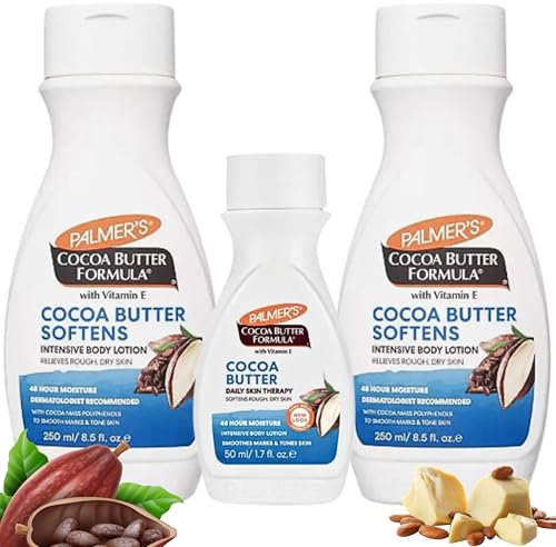 Palmers Cocoa Butter Moisturiser with Vitamin E - Body Lotion for Dry Skin - Suitable for Eczema - Dermatologist Recommended - Smoothes Marks, 48 Hour Moisture [2x250ml & 1x50ml Travel Size Bottle]