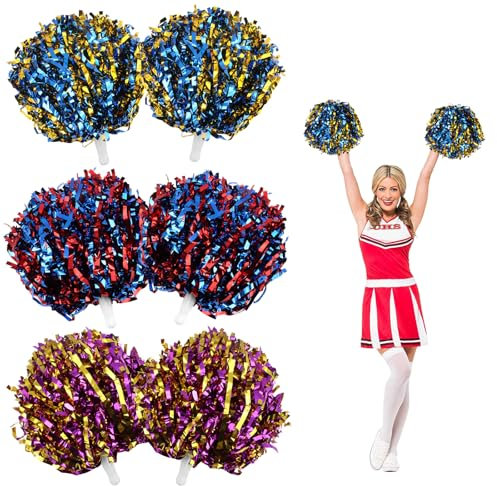 6 Stück Cheerleader Pompons, Pom Poms Cheerleading mit Bunten, Pompons Cheerleader Jubeln mit Stiel, Metallfolie Pompom Cheerleading Puschel für Sport Wettbewerb, Schule Spiele, Karnevalspartys