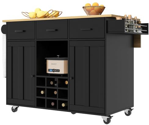 Huayz Kücheninselwagen mit abklappbarer Arbeitsplatte, Küchenschrank auf Rollen mit 3 Schublade & Gewürzregal & 2 Türen, bewegliche Kücheninsel, für Küche und Esszimmer