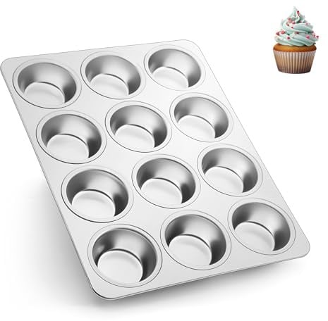 Herogo 12 Muffins Edelstahl Muffinform für Cupcake - Silber | Metall Muffinblech Backform für Yorkshire Pie, Pudding, Muffin Kuchenform für Leicht zu reinigen, spülmaschinenfest, Ungiftig