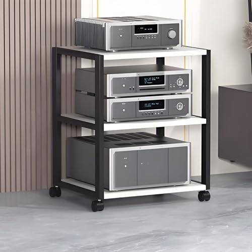 HiFi Rack mit Rädern,Verstellbaren Ablage Holz Medienständer HiFi Regal für Audioanlage,mit Universalrädern Audio-Speicherregal TV Rack,Plattenspieler Ständer,Hifi Regal Audio Rack(White,50x40x69cm/19