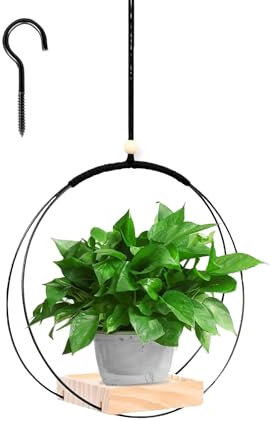 FENGCHUANG Maceta Colgante Interior, 30X30cm Macetero Colgante, Metal Colgar y Base de Madera, para Plantas Interiores y Exteriores Decoración del Hogar (Negro)