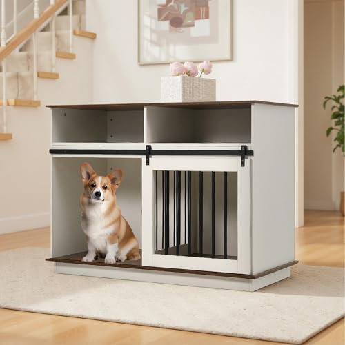The Fellie Large Dog Crate Furniture, Wooden Dog Cage with Sliding Door, Indoor Pet Kennel for Large Dogs, Fancy Pet Crate Cabinet with Drawer Storage, Movable Divider, End Table, 120x60x90cm, White