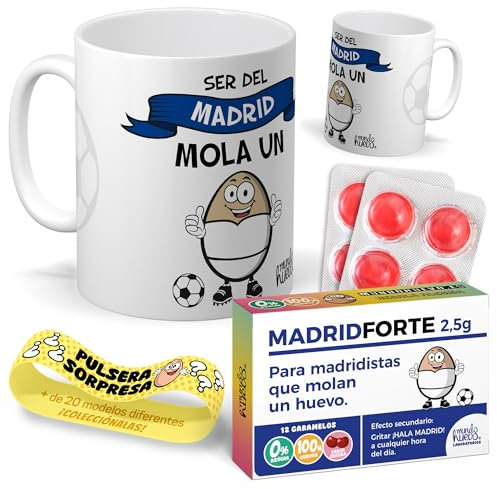 Kit regalo personalizado para aficionados del madrid | Taza Ser del Madrid mola un huevo + Caramelos divertidos + Pulsera sorpresa | Regalo futbol, divertido y original para cumpleaños, navidad.